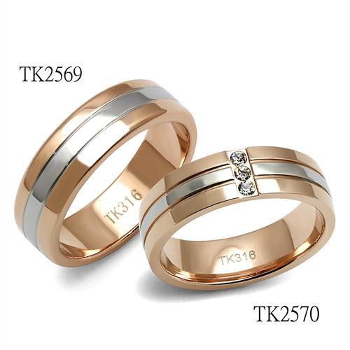 Two-Tone IP Rose Gold Stainless Steel Ring with Top Grade Crystal  in Clear