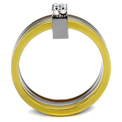 Three Tone (IP Gold & IP Light coffee & High Polished) Stainless Steel Ring with Top Grade Crystal  in Clear