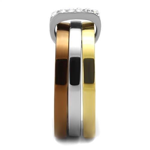 Three Tone (IP Gold & IP Light coffee & High Polished) Stainless Steel Ring with Top Grade Crystal  in Clear