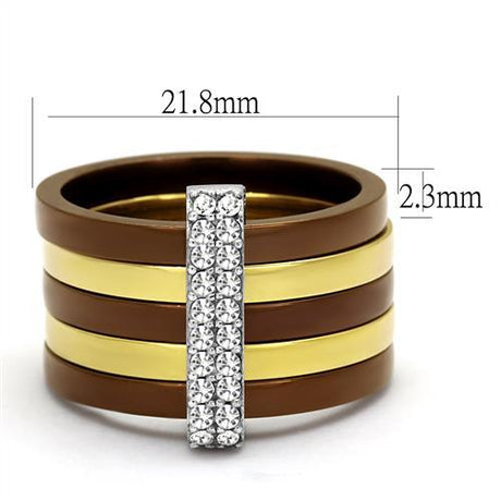 Three Tone (IP Gold & IP Light coffee & High Polished) Stainless Steel Ring with Top Grade Crystal  in Clear