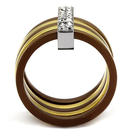 Three Tone (IP Gold & IP Light coffee & High Polished) Stainless Steel Ring with Top Grade Crystal  in Clear