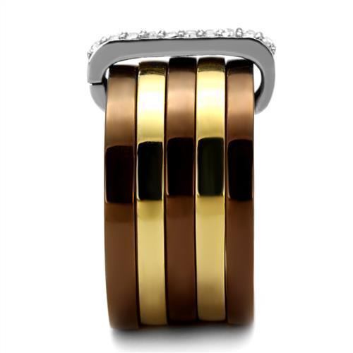 Three Tone (IP Gold & IP Light coffee & High Polished) Stainless Steel Ring with Top Grade Crystal  in Clear