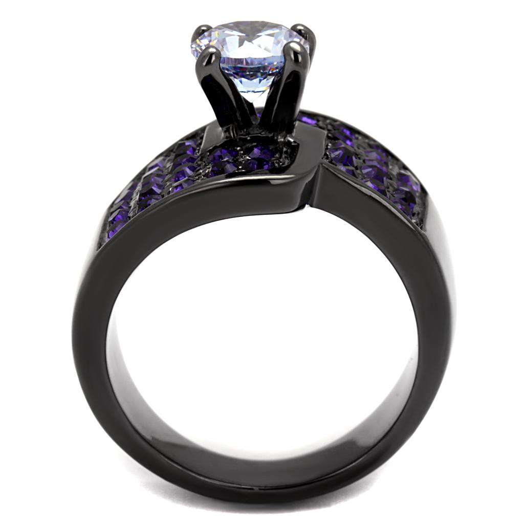 IP Light Black  (IP Gun) Stainless Steel Ring with AAA Grade CZ  in Light Amethyst