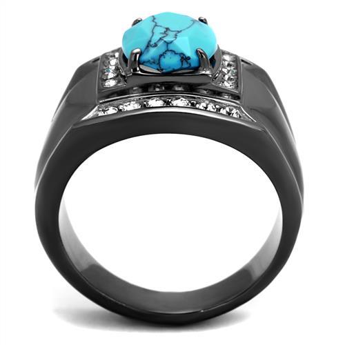IP Light Black  (IP Gun) Stainless Steel Ring with Synthetic Turquoise in Sea Blue