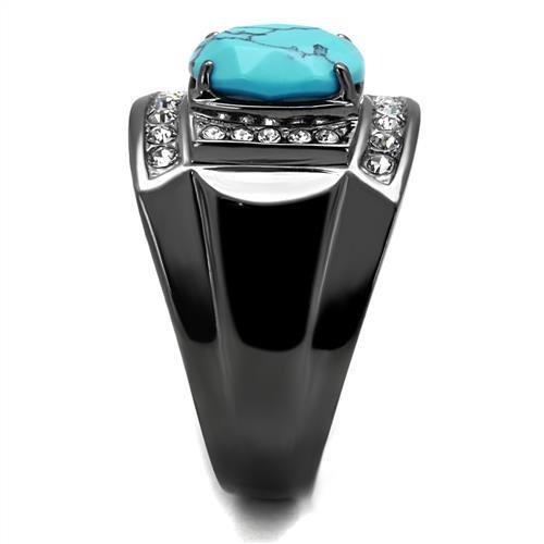 IP Light Black  (IP Gun) Stainless Steel Ring with Synthetic Turquoise in Sea Blue