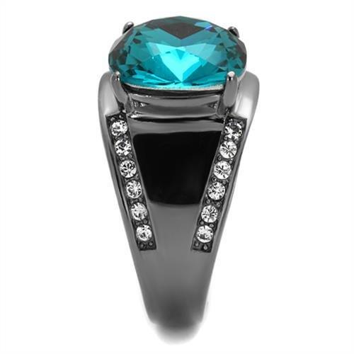 IP Light Black  (IP Gun) Stainless Steel Ring with Top Grade Crystal  in Blue Zircon