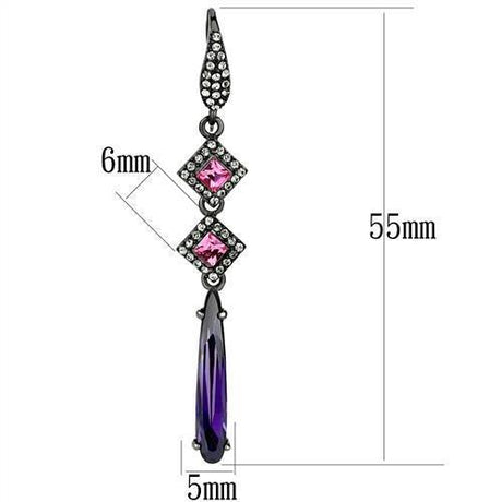 IP Light Black  (IP Gun) Stainless Steel Earrings with AAA Grade CZ  in Amethyst