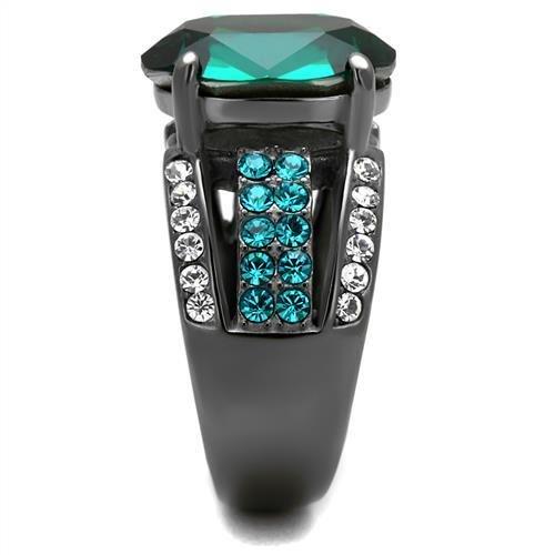 IP Light Black  (IP Gun) Stainless Steel Ring with Top Grade Crystal  in Emerald