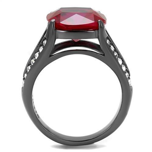 IP Light Black  (IP Gun) Stainless Steel Ring with Synthetic Corundum in Ruby