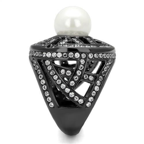 IP Light Black  (IP Gun) Stainless Steel Ring with Synthetic Pearl in White