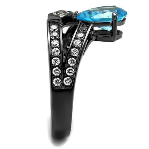 IP Light Black  (IP Gun) Stainless Steel Ring with AAA Grade CZ  in Sea Blue