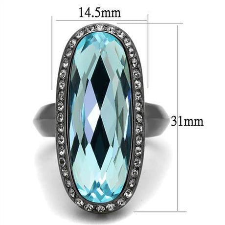 IP Light Black  (IP Gun) Stainless Steel Ring with Top Grade Crystal  in Sea Blue