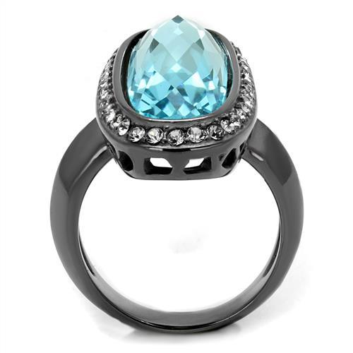IP Light Black  (IP Gun) Stainless Steel Ring with Top Grade Crystal  in Sea Blue