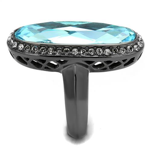 IP Light Black  (IP Gun) Stainless Steel Ring with Top Grade Crystal  in Sea Blue