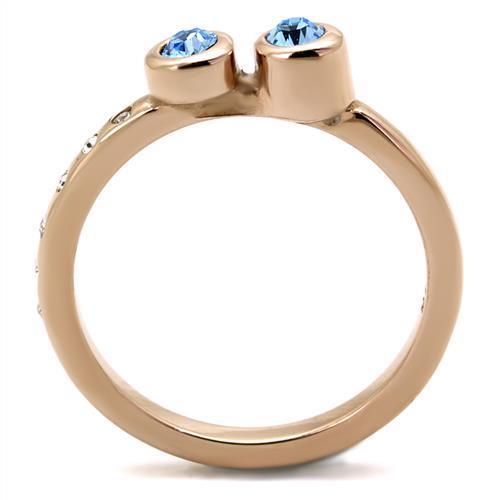 IP Rose Gold(Ion Plating) Stainless Steel Ring with Top Grade Crystal  in Sea Blue