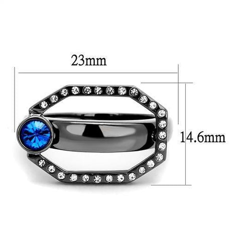 IP Light Black  (IP Gun) Stainless Steel Ring with Top Grade Crystal  in Capri Blue