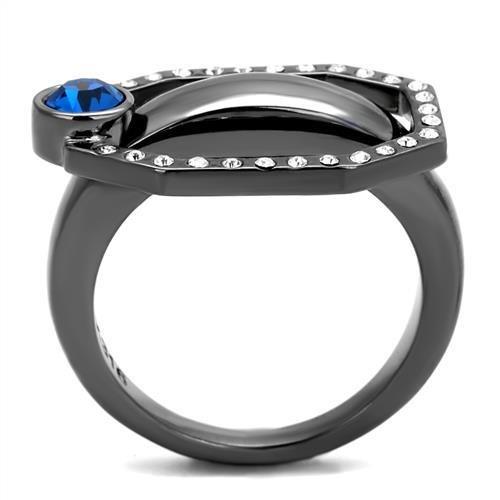 IP Light Black  (IP Gun) Stainless Steel Ring with Top Grade Crystal  in Capri Blue