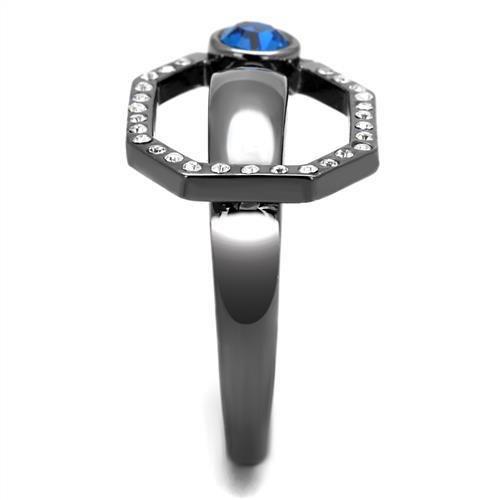 IP Light Black  (IP Gun) Stainless Steel Ring with Top Grade Crystal  in Capri Blue