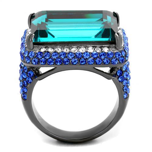 IP Light Black  (IP Gun) Stainless Steel Ring with Top Grade Crystal  in Blue Zircon