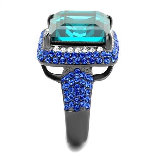 IP Light Black  (IP Gun) Stainless Steel Ring with Top Grade Crystal  in Blue Zircon