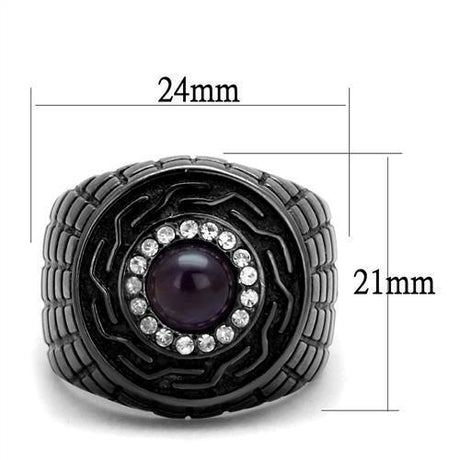 IP Light Black  (IP Gun) Stainless Steel Ring with Semi-Precious Amethyst Crystal in Amethyst