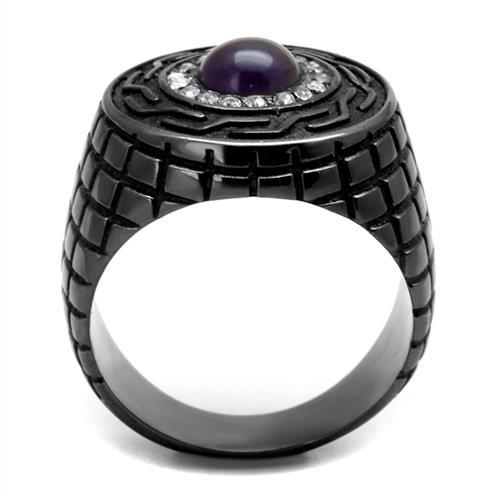 IP Light Black  (IP Gun) Stainless Steel Ring with Semi-Precious Amethyst Crystal in Amethyst