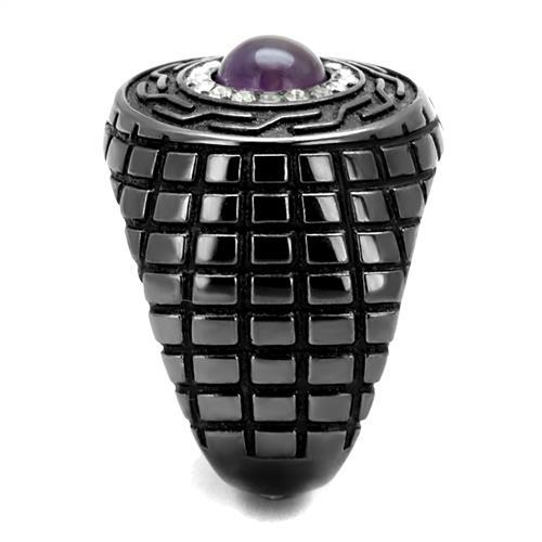IP Light Black  (IP Gun) Stainless Steel Ring with Semi-Precious Amethyst Crystal in Amethyst