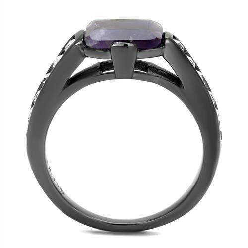 IP Light Black  (IP Gun) Stainless Steel Ring with Precious Stone Amethyst Crystal in Amethyst