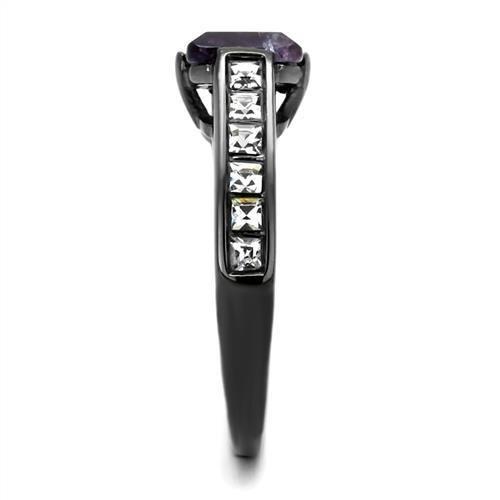 IP Light Black  (IP Gun) Stainless Steel Ring with Precious Stone Amethyst Crystal in Amethyst