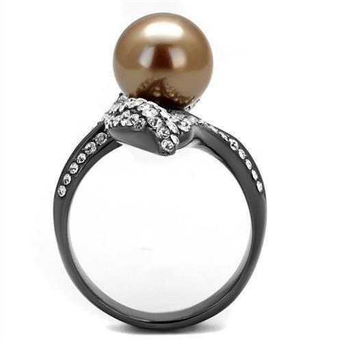 IP Light Black  (IP Gun) Stainless Steel Ring with Synthetic Pearl in Brown