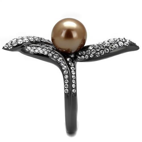 IP Light Black  (IP Gun) Stainless Steel Ring with Synthetic Pearl in Brown