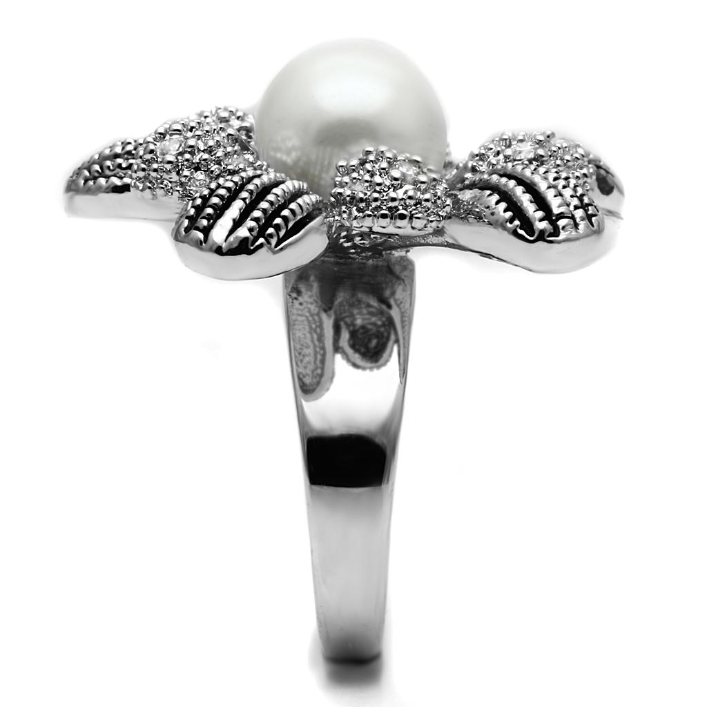 High polished (no plating) Stainless Steel Ring with Synthetic Pearl in White