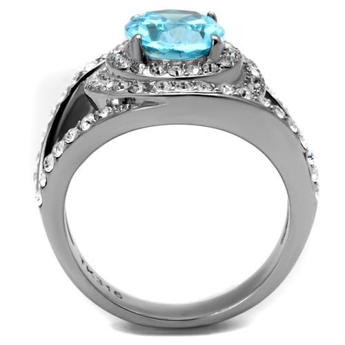 High polished (no plating) Stainless Steel Ring with Synthetic Synthetic Glass in Sea Blue