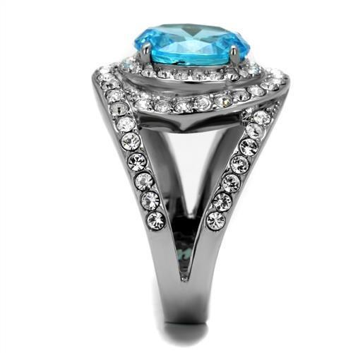 High polished (no plating) Stainless Steel Ring with Synthetic Synthetic Glass in Sea Blue