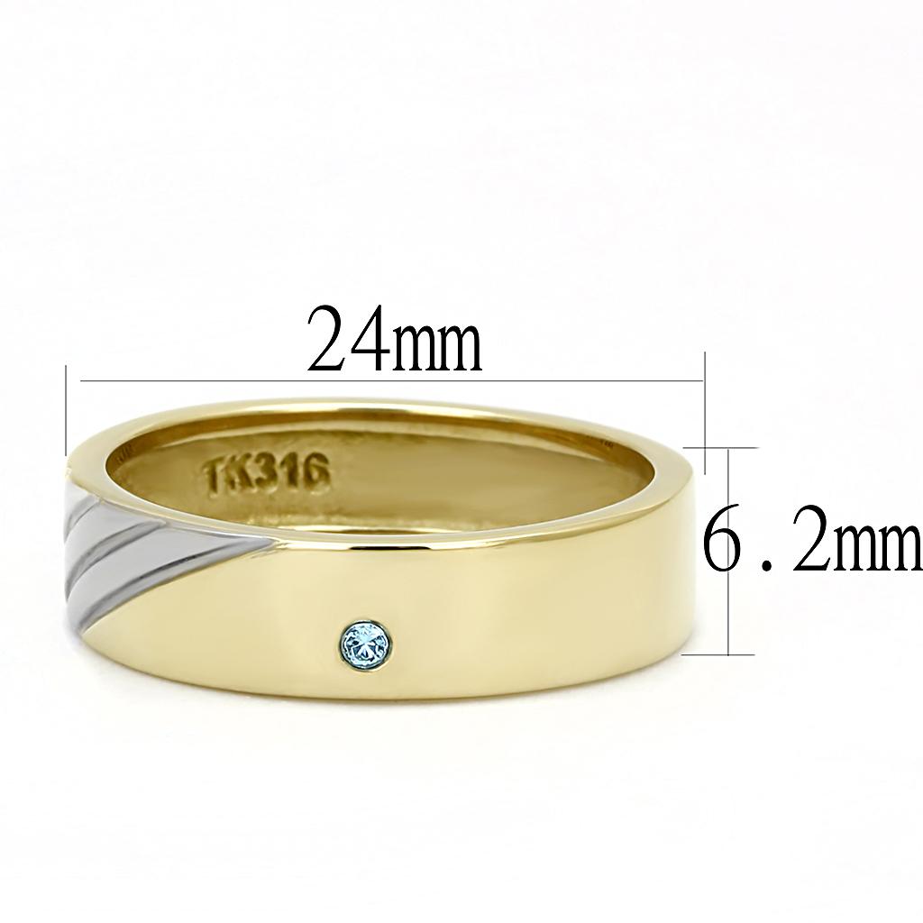 Two-Tone IP Gold (Ion Plating) Stainless Steel Ring with Top Grade Crystal in Sea Blue