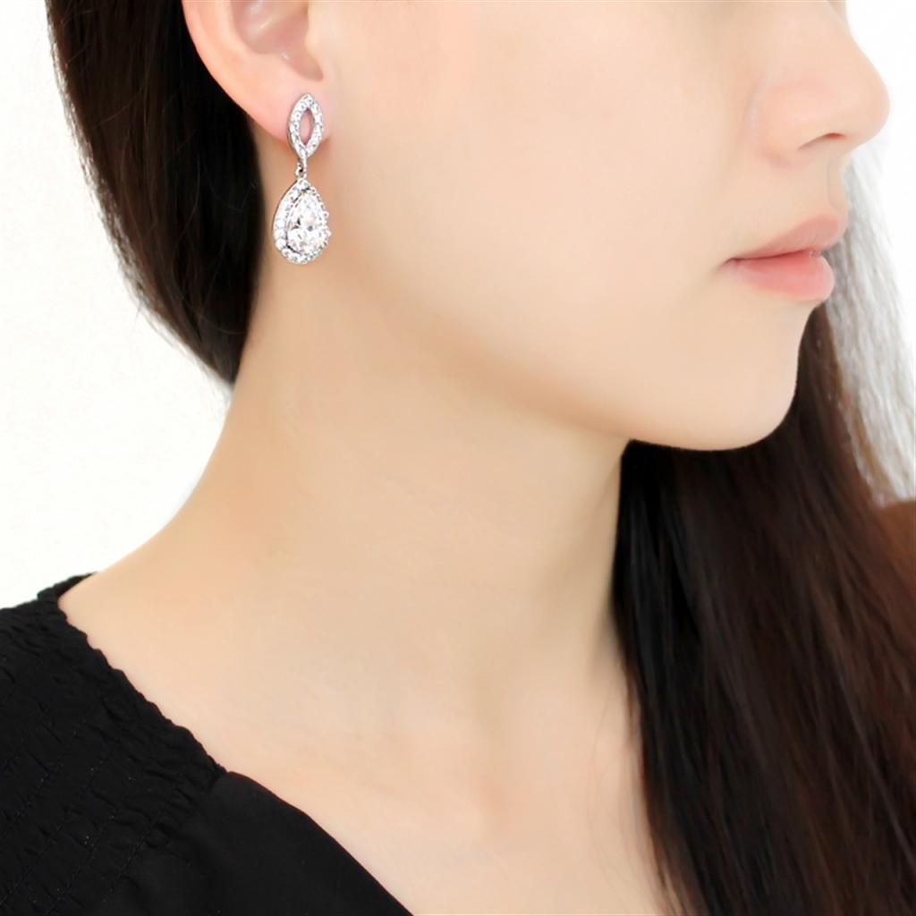 High polished (no plating) Stainless Steel Earrings with AAA Grade CZ in Clear