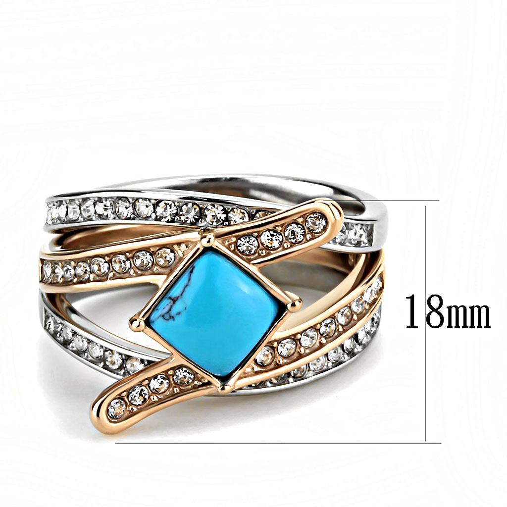 Two-Tone IP Rose Gold Stainless Steel Ring with Synthetic Turquoise in Sea Blue