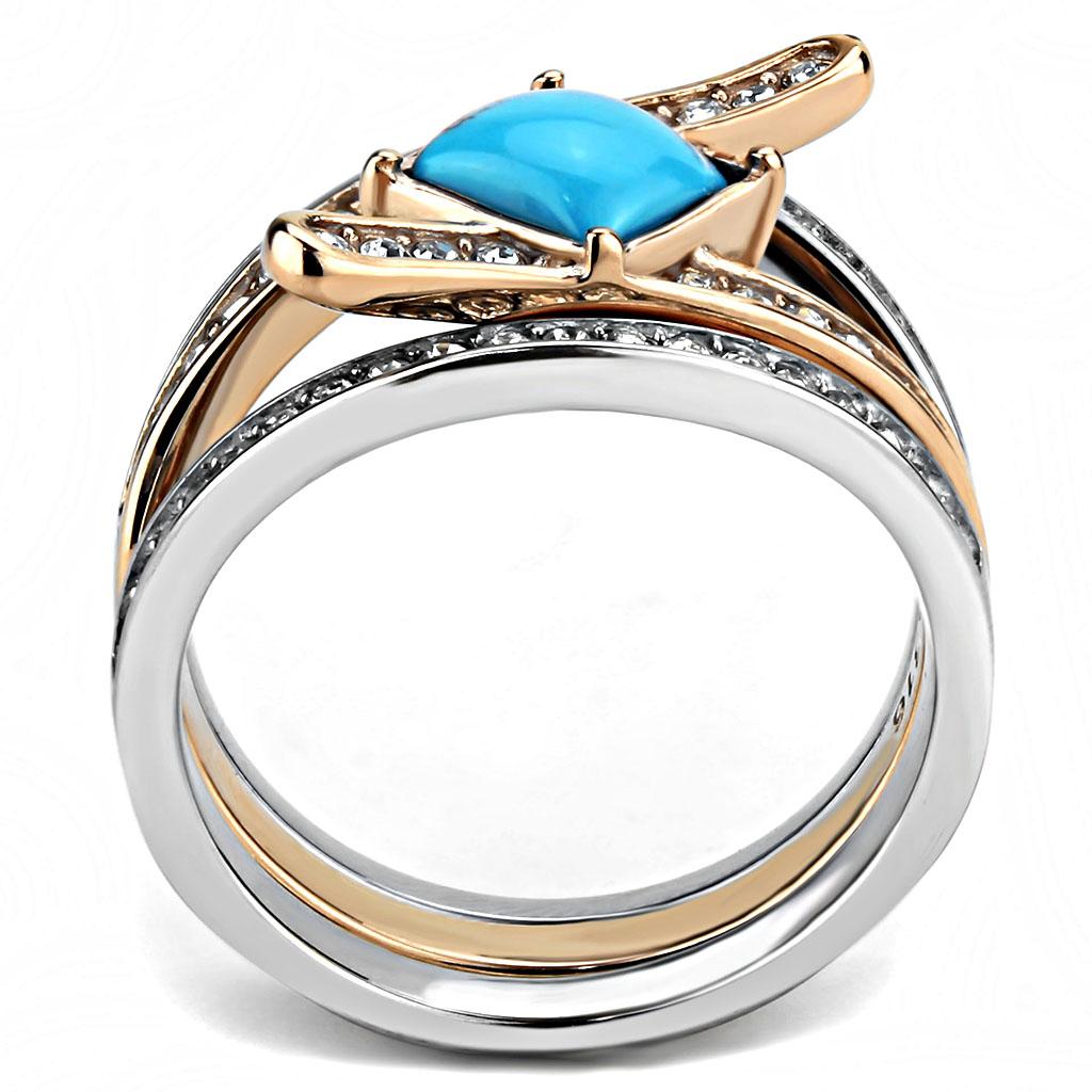 Two-Tone IP Rose Gold Stainless Steel Ring with Synthetic Turquoise in Sea Blue