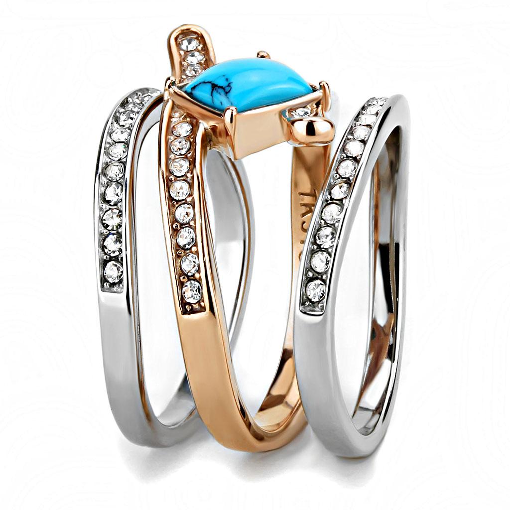 Two-Tone IP Rose Gold Stainless Steel Ring with Synthetic Turquoise in Sea Blue
