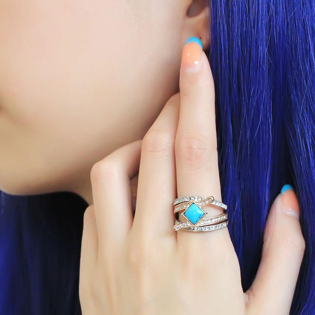 Two-Tone IP Rose Gold Stainless Steel Ring with Synthetic Turquoise in Sea Blue