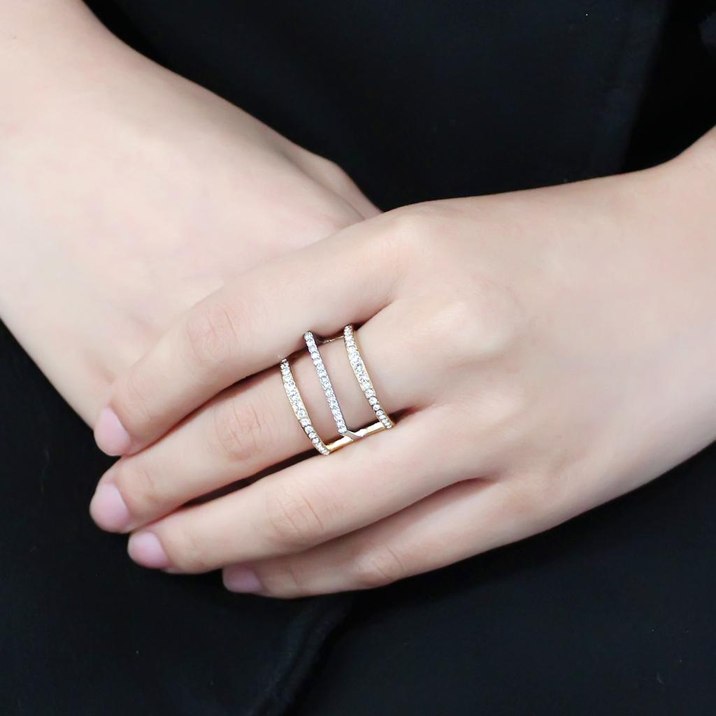 Two-Tone IP Gold (Ion Plating) Stainless Steel Ring with Top Grade Crystal in Clear