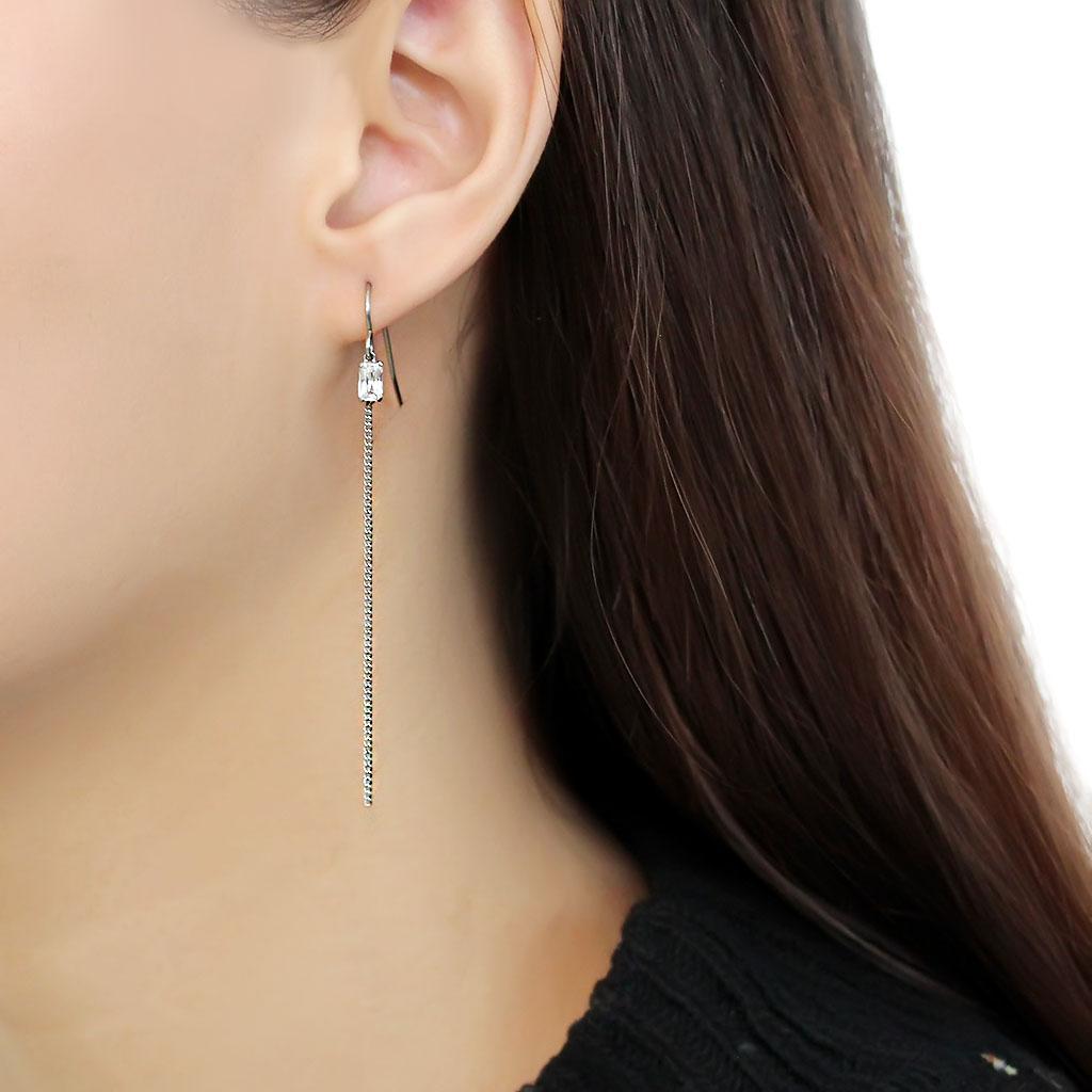 High polished (no plating) Stainless Steel Earrings with AAA Grade CZ in Clear