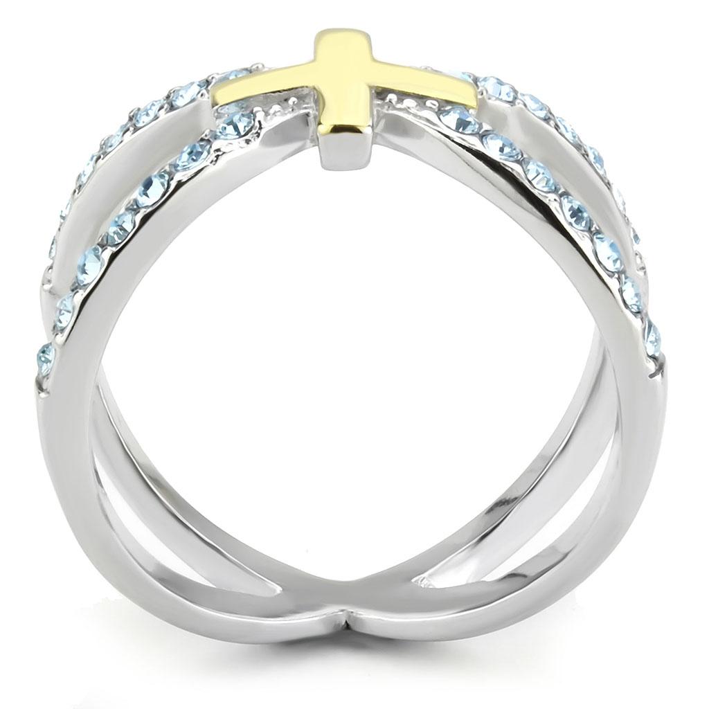 Two-Tone IP Gold (Ion Plating) Stainless Steel Ring with Top Grade Crystal in Sea Blue