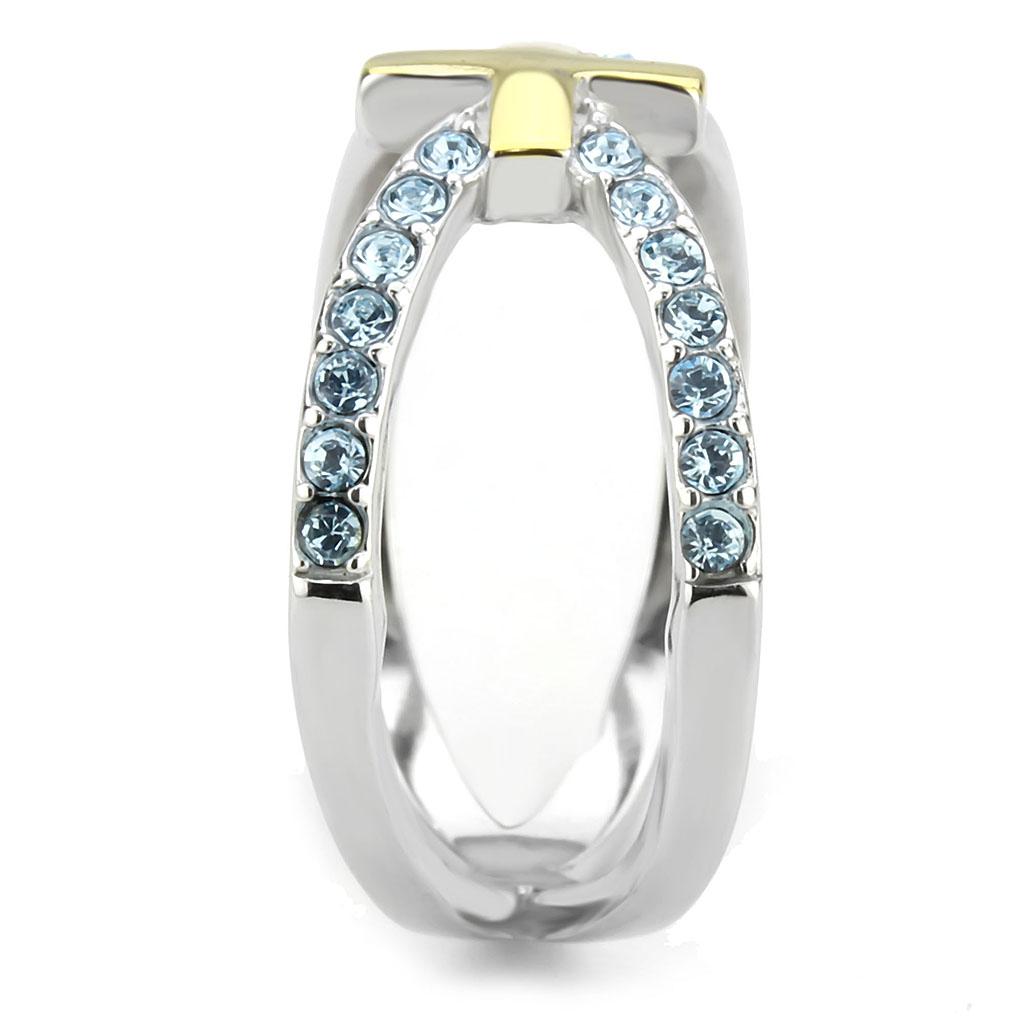 Two-Tone IP Gold (Ion Plating) Stainless Steel Ring with Top Grade Crystal in Sea Blue