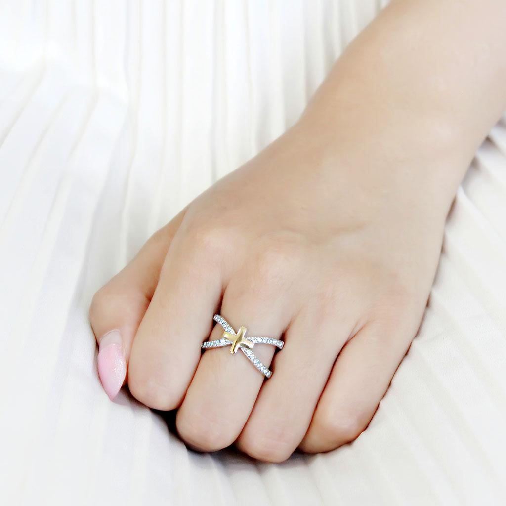 Two-Tone IP Gold (Ion Plating) Stainless Steel Ring with Top Grade Crystal in Sea Blue