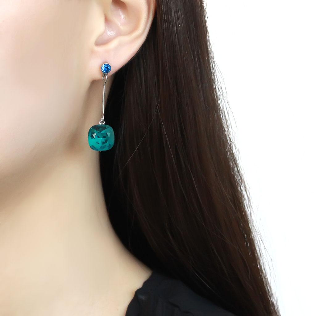 High polished (no plating) Stainless Steel Earrings with Top Grade Crystal in Blue Zircon