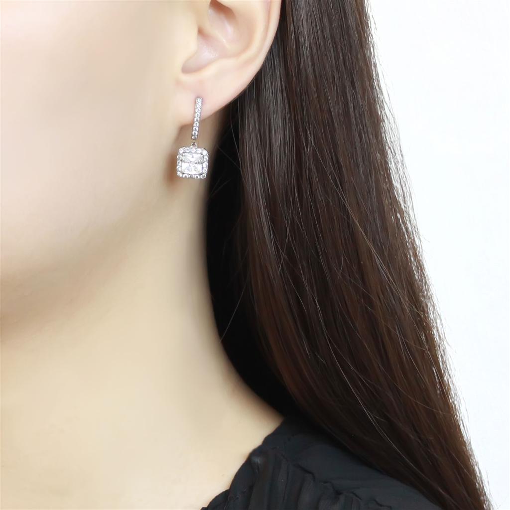 High polished (no plating) Stainless Steel Earrings with AAA Grade CZ in Clear
