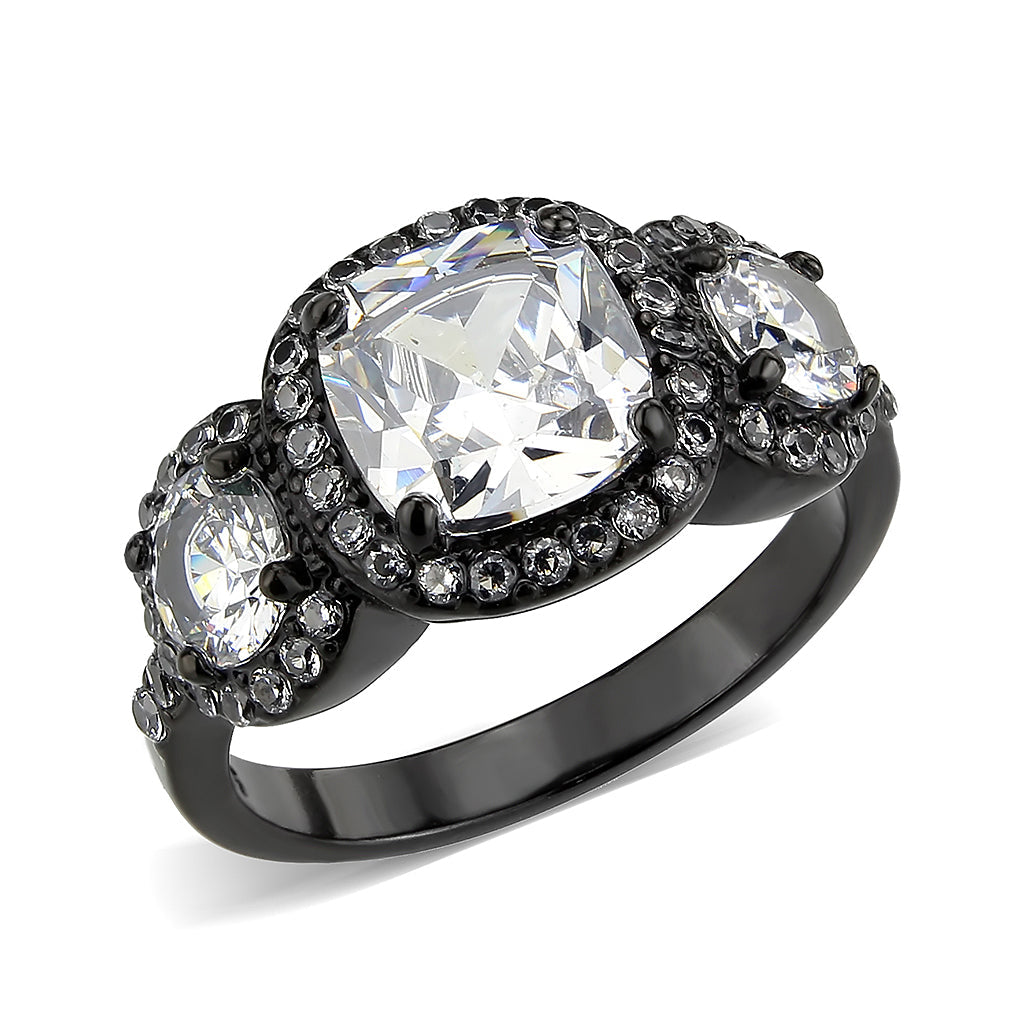 IP Black (Ion Plating) Stainless Steel Ring with AAA Grade CZ in Clear