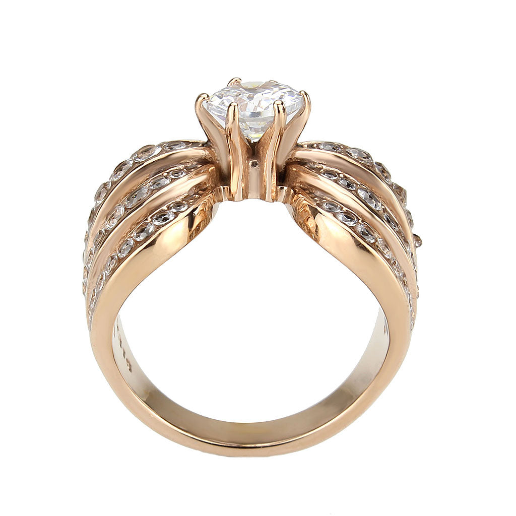 IP Rose Gold(Ion Plating) Stainless Steel Ring with AAA Grade CZ in Clear