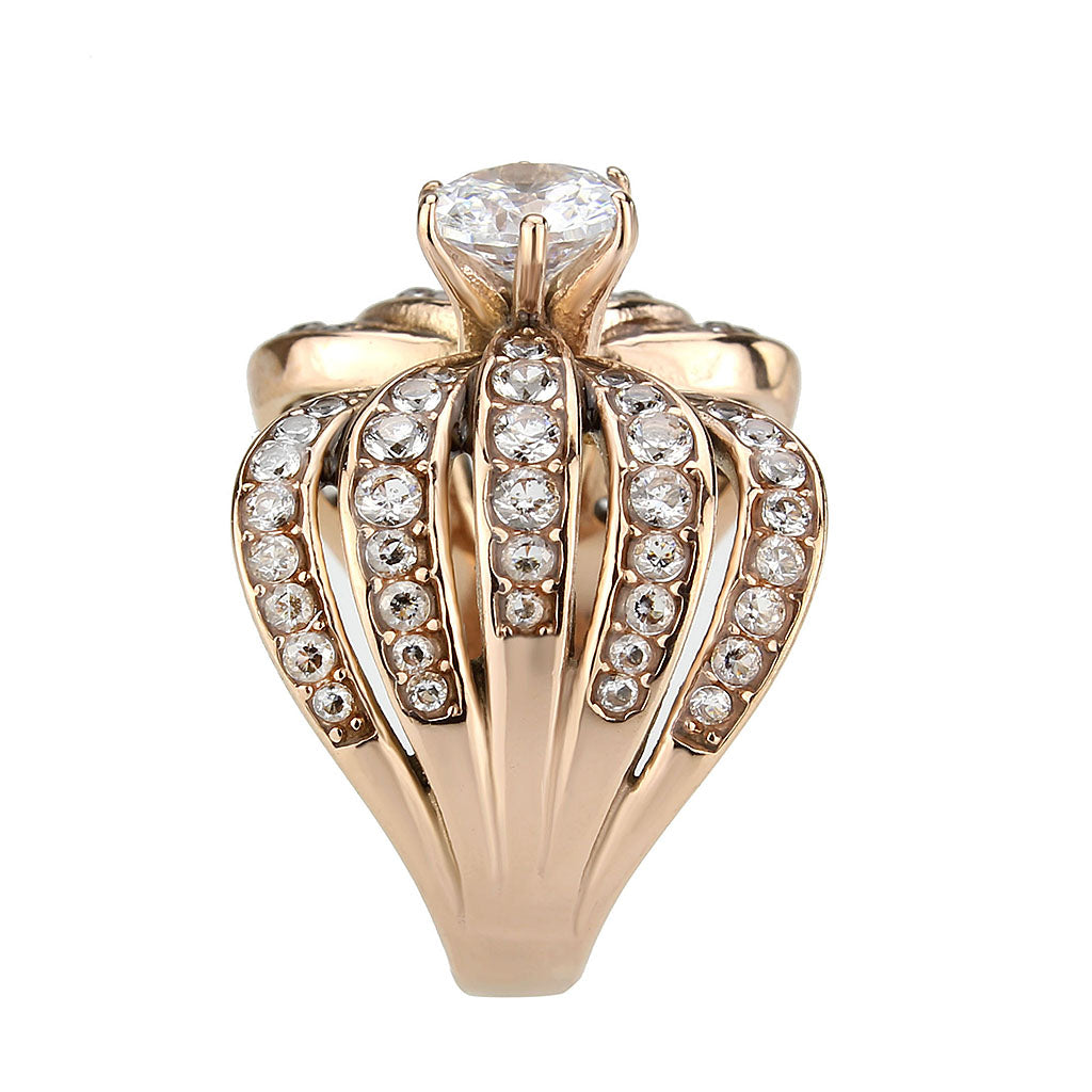 IP Rose Gold(Ion Plating) Stainless Steel Ring with AAA Grade CZ in Clear